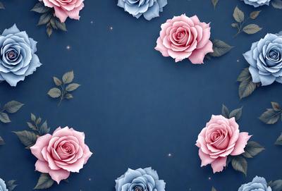 The primary subject of the image is a pattern of pink and blue roses. The setting is a blue background, which creates a contrasting and visually appealing effect. The visual style is a combination of digital art and illustration, giving the image a unique and artistic appearance. The dominant colors are pink and blue, which evoke a sense of calmness and serenity.