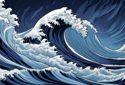 The primary subject of the image is a large wave, which is the main focus of the scene. The wave is depicted in a blue and white color scheme, giving it a vibrant and dynamic appearance. The setting is the ocean, with the wave crashing against the water. The visual style of the image is a combination of digital art and illustration, creating a realistic and engaging representation of the wave. The overall atmosphere of the image is energetic and powerful, capturing the essence of the ocean's force