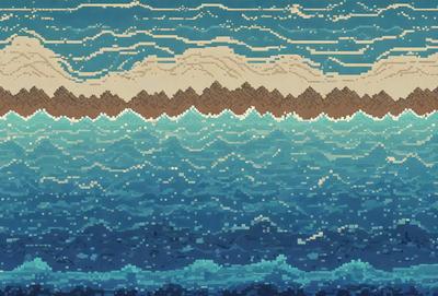 The primary subject of the image is a blue ocean with waves. The setting is a mountainous landscape, with the mountains visible in the background. The visual style is a digital art or illustration, creating a vibrant and dynamic scene. The dominant colors are blue and white, with the blue ocean and white waves creating a serene and calming atmosphere.