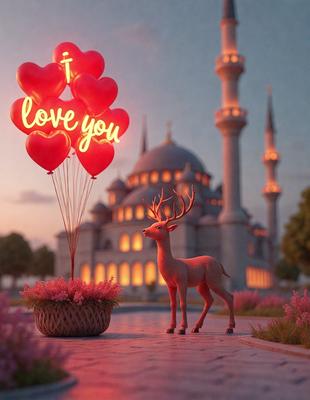 The primary subject of the image is a heart-shaped balloon with the words "I love you" written on it. The balloon is floating in the air near a building, which appears to be a mosque. The setting is a street with a potted plant nearby. The visual style is a digital art, and the colors and mood are warm and inviting.
