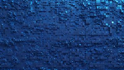 The primary subject of the image is a blue wall with a pattern of blue squares. The setting is a room with a blue background, and the visual style appears to be a digital art or illustration. The dominant colors are blue, and the overall atmosphere is calm and soothing.