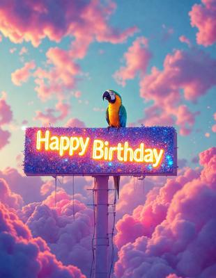 The primary subject of the image is a colorful bird, specifically a parrot, sitting on top of a sign that reads "Happy Birthday." The setting is a cloudy sky, and the visual style appears to be a combination of photo and digital art. The colors and mood of the image are vibrant and cheerful, with the parrot and the "Happy Birthday" sign being the main focus.