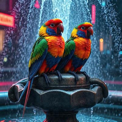 The primary subject of the image is a pair of colorful birds, specifically two parrots, sitting on a fountain. The setting is an outdoor environment with a fountain as the main object. The visual style is a photo, capturing the vibrant colors and details of the birds and the fountain. The colors and mood of the image are lively and cheerful, with the parrots being the main focus and source of color.