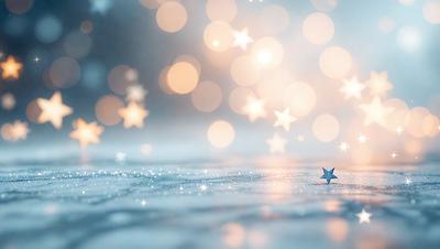 The primary subject of the image is a single star, which is the main focus of the scene. The setting is a snowy surface, with a background of a bright, colorful, and sparkling night sky. The visual style of the image is a combination of a photo and digital art, creating a unique and captivating atmosphere. The colors and mood of the image are predominantly white and blue, with a touch of warmth from the sparkling lights, giving the scene a serene and peaceful ambiance.