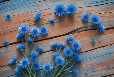 The primary subject of the image is a close-up of a blue flower, possibly a hydrangea, with a wooden background. The setting appears to be a wooden table or a similar surface. The visual style of the image is a photo, capturing the beauty of the blue flower in detail. The dominant colors in the image are blue and green, creating a serene and calming atmosphere.