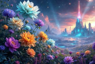 Primary subject: Flowers
Setting/background: A beautiful landscape with a castle in the background, a river, and a sky filled with stars.
Visual style: Digital art
Colors and mood: The image is colorful and vibrant, with a serene and magical atmosphere.