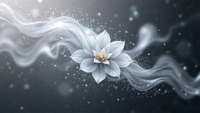The primary subject of the image is a white flower with a yellow center, which is the main focus of the image. The setting is a dark background, which contrasts with the white flower. The visual style is a digital art, as the flower is depicted in a stylized manner. The colors and mood of the image are predominantly dark and moody, with the white flower standing out as the main source of light and color.
