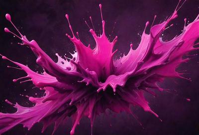 The primary subject of the image is a large, pink, and purple splash of paint, which appears to be a digital art or illustration. The setting is a dark background, which contrasts with the vibrant colors of the paint splash. The visual style suggests a creative and artistic approach to the image. The dominant colors are pink and purple, giving the scene a lively and energetic atmosphere.