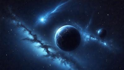 The primary subject of the image is a large, blue, glowing planet. The setting is a dark, starry sky, with the planet being the main focus of the image. The visual style is a digital art or illustration, creating a sense of depth and detail in the scene. The colors and mood of the image are predominantly dark and moody, with the blue planet standing out against the backdrop of the starry sky.