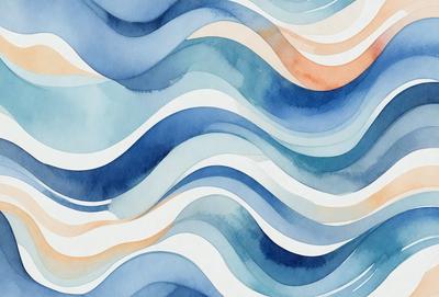 The primary subject of the image is a blue and white painting of waves. The setting is a water surface, and the visual style is a painting. The dominant colors are blue and white, creating a calm and serene atmosphere.