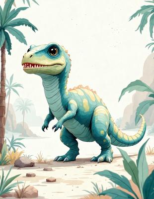The primary subject of the image is a blue and yellow dinosaur, likely a T-Rex, standing in a jungle-like environment. The setting includes a rocky hillside and a body of water. The visual style of the image is a combination of digital art and illustration, creating a vibrant and lively atmosphere. The colors and mood of the image are predominantly blue and yellow, with a sense of adventure and exploration.