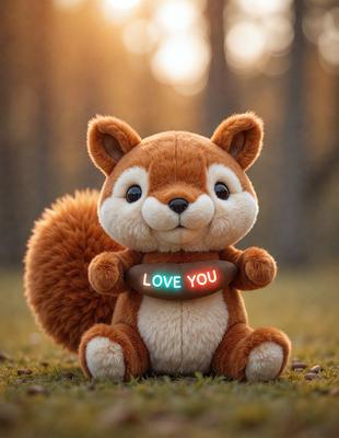 The primary subject of the image is a stuffed animal, specifically a teddy bear, which is sitting on the grass. The setting is outdoors, with a forest visible in the background. The visual style is a photo, capturing the teddy bear in a natural environment. The colors and mood of the image are warm and inviting, with the teddy bear appearing to be smiling and conveying a sense of love and affection.