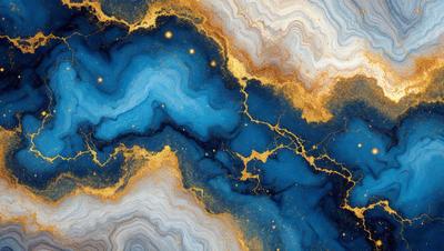The primary subject of the image is a blue and gold swirling pattern, which appears to be a painting or a digital artwork. The setting is a blue and gold background, which complements the swirling pattern. The visual style is a combination of painting and digital art, creating a unique and eye-catching design. The colors and mood of the image are predominantly blue and gold, giving it a warm and vibrant atmosphere.