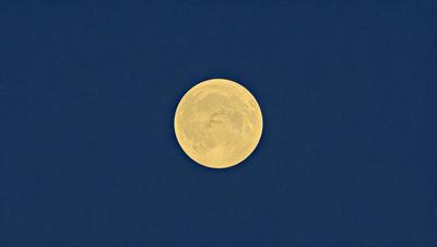 Primary subject: A yellow moon in the sky.

Setting/background: A dark blue sky.

Visual style: A photo of the moon.

Colors and mood: The yellow moon stands out against the dark blue sky, creating a serene and peaceful atmosphere.