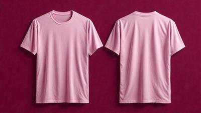 The primary subject of the image is a pink t-shirt. The setting is a purple background, which creates a contrasting color scheme. The visual style is a close-up of the t-shirt, showcasing its design and texture. The colors and mood of the image are predominantly pink and purple, giving it a soft and feminine appearance.
