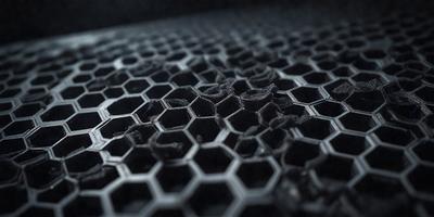 The primary subject of the image is a close-up of a black and white honeycomb pattern. The setting is a black background, which contrasts with the honeycomb pattern. The visual style is a black and white photo, giving the image a classic and timeless appearance. The dominant colors are black and white, creating a sense of depth and contrast. The overall atmosphere of the image is intriguing and visually appealing.