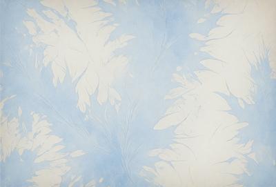 The primary subject of the image is a blue and white painting featuring a leafy pattern. The setting is a white background, and the visual style appears to be a combination of digital art and illustration. The dominant colors are blue and white, creating a calm and serene atmosphere.