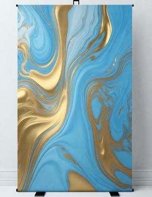 The primary subject of the image is a large, blue and gold painting. The painting features a blue background with gold swirls and patterns, creating a visually striking and unique piece of art. The setting is a white wall, which serves as a clean and unobstructed backdrop for the painting. The visual style of the painting is a combination of digital art and traditional painting techniques, resulting in a modern and artistic piece. The colors and mood of the painting are vibrant and lively, with the blue and gold colors