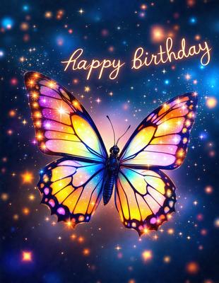 The primary subject of the image is a colorful butterfly, which is the main focus of the image. The butterfly is depicted in a vibrant and lively manner, with its wings spread wide. The setting of the image is a space filled with stars, creating a celestial and magical atmosphere. The visual style of the image is a digital art or illustration, showcasing the intricate details of the butterfly's wings and patterns. The colors and mood of the image are pre