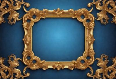 The primary subject of the image is a gold-framed picture with a blue background. The setting is a dark blue background, which contrasts with the gold frame. The visual style is a combination of a photo and digital art, as it appears to be a digital artwork with a photo-like quality. The colors and mood of the image are predominantly dark and moody, with the gold frame and blue background creating a sense of elegance and sophistication.