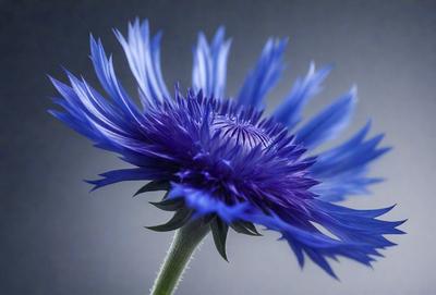 The primary subject of the image is a blue flower with a purple center, which is the main focus of the image. The setting is a gray background, which provides a neutral and clean environment for the flower. The visual style of the image is a close-up of the flower, showcasing its details and beauty. The dominant colors in the image are blue and purple, creating a calm and serene atmosphere.