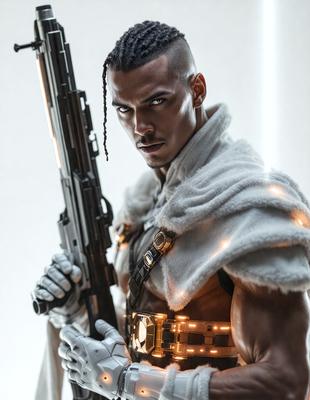 The primary subject of the image is a man holding a gun. He is wearing a white coat and has dreadlocks. The setting is a white background, which creates a clean and minimalistic look. The visual style is a combination of photo and digital art, giving the image a unique and artistic appearance. The colors are predominantly white, which adds to the overall mood of the image.