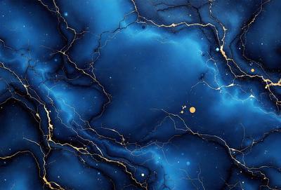 The primary subject of the image is a blue, swirling, and textured background with gold accents. The setting is a space-like environment, possibly a galaxy or a celestial scene. The visual style is a combination of digital art and illustration, creating a unique and captivating atmosphere. The dominant colors are blue and gold, with the blue background and gold accents creating a sense of depth and intrigue.
