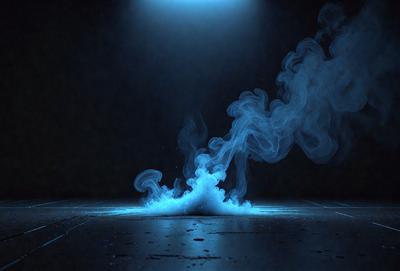 The primary subject of the image is a blue smoke or vapor, which appears to be rising from the ground. The setting is a dark room, and the visual style is a digital art or illustration. The dominant colors are blue and black, creating a moody and mysterious atmosphere.