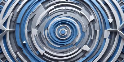 The primary subject of the image is a blue circle with a silver ring in the center. The setting is a blue background, and the visual style appears to be a combination of digital art and illustration. The colors are predominantly blue and silver, creating a calm and serene atmosphere.