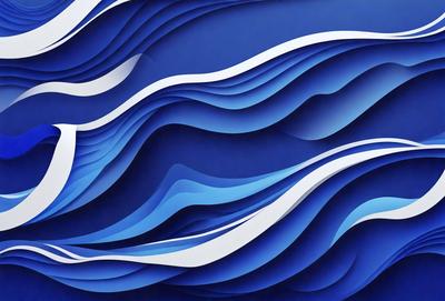 The primary subject of the image is a blue and white wave pattern. The setting is a blue background, and the visual style appears to be a digital art or illustration. The dominant colors are blue and white, creating a calm and serene atmosphere.
