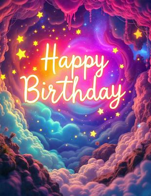 Happy Birthday: [The main object, scene, or focus of the image is a birthday celebration, with a colorful and vibrant atmosphere.]

Setting/background: [The environment, backdrop, or surface visible in the image is a colorful, star-filled sky, with a cloudy background.]

Visual style: [The image is a digital art or illustration, featuring a birthday celebration with a colorful and vibrant atmosphere.]

Colors and mood: [