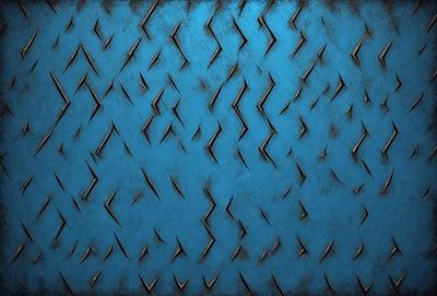 The primary subject of the image is a blue background with a pattern of metal spikes or nails. The setting is a dark, possibly industrial, environment. The visual style is a combination of a photo and a digital art or illustration, as the spikes are arranged in a way that resembles a digital design. The colors are predominantly blue, with the spikes being black, and the overall atmosphere is dark and mysterious.