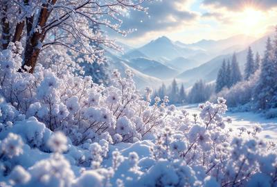 Primary subject: Snow-covered bushes and trees.
Setting/background: A snowy mountain range in the background.
Visual style: A photo of a snowy landscape.
Colors and mood: The image is predominantly white, with snow covering the bushes and trees, creating a serene and peaceful atmosphere.