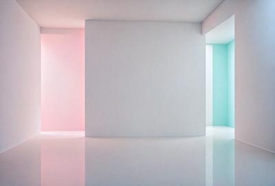 The primary subject of the image is a white wall. The setting is a room with two walls painted in different colors, one pink and the other blue. The visual style is a photo, and the colors and mood are predominantly white, with the pink and blue walls adding a touch of warmth and contrast to the scene.