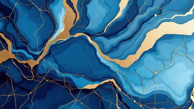 The primary subject of the image is a blue and gold swirling pattern, which appears to be a painting or a digital artwork. The setting is a blue and gold background, which complements the swirling pattern. The visual style is a combination of painting and digital art, creating a unique and eye-catching design. The colors and mood of the image are predominantly blue and gold, giving it a warm and vibrant atmosphere.