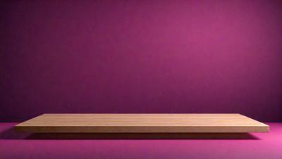 The primary subject of the image is a wooden table with a purple background. The table appears to be empty, with no objects or items on it. The setting is a room with a purple wall, which creates a unique and visually striking atmosphere. The visual style of the image is a photo, capturing the wooden table and the purple wall in detail. The colors and mood of the image are predominantly purple, giving it a calm and serene ambiance.