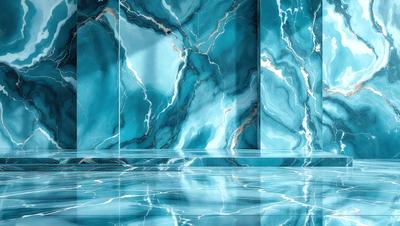 The primary subject of the image is a large, blue marble wall with a pattern of swirls and waves. The setting is a bathroom, with the marble wall as the main focal point. The visual style is a photo, capturing the intricate details of the marble wall. The dominant colors are blue and white, creating a serene and elegant atmosphere.