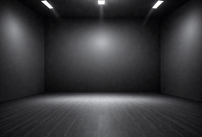 The primary subject of the image is a large, empty room with a white wall. The setting is a dark room with a single light source, creating a dramatic atmosphere. The visual style is a black and white photo, which adds a sense of depth and contrast to the scene. The colors and mood of the image are predominantly dark, with the white wall and single light source creating a stark and minimalist environment.
