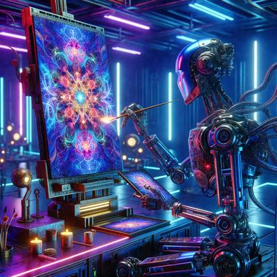 The primary subject of the image is a robot artist, who is painting a picture on a canvas. The robot is standing in front of a painting, which is displayed on a wall. The setting appears to be a futuristic environment, with the robot artist creating a unique piece of art. The visual style of the image is a combination of digital art and illustration, showcasing the robot's creative abilities. The colors and mood of the image are vibrant and energetic, reflecting the robot's