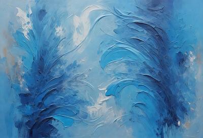 The primary subject of the image is a painting of a blue ocean with white clouds. The setting is a blue background, and the visual style is a painting. The dominant colors are blue and white, creating a serene and calming atmosphere.