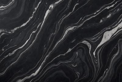 The primary subject of the image is a black and white marble pattern. The setting is a black background, which contrasts with the marble pattern. The visual style is a close-up of the marble pattern, showcasing its intricate details. The colors and mood of the image are predominantly black and white, giving it a classic and elegant appearance.