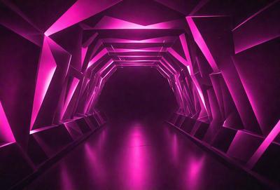 The primary subject of the image is a long, narrow, and brightly lit tunnel. The tunnel is illuminated with a pink glow, creating a unique and visually striking atmosphere. The setting is a dark room, which contrasts with the brightly lit tunnel. The visual style of the image is a combination of a photo and digital art, as it appears to be a photograph of a digital art piece. The colors and mood of the image are predominantly pink, giving it a warm and inviting feel.
