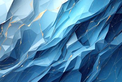 The primary subject of the image is a blue and gold geometric pattern. The setting is a blue background, and the visual style is digital art. The dominant colors are blue and gold, creating a vibrant and lively atmosphere.