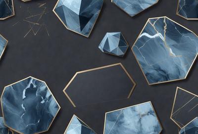 The primary subject of the image is a collection of geometric shapes, including triangles and diamonds, arranged on a black background. The shapes are made of various materials, such as marble and gold. The visual style of the image is a combination of digital art and illustration, creating a unique and intricate design. The dominant colors in the image are black and gold, giving the scene a sophisticated and elegant appearance.