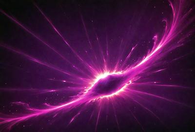 The primary subject of the image is a bright, colorful, and swirling purple light. The light appears to be a nebula or a galaxy, with a vibrant and dynamic visual style. The setting or background of the image is a dark, starry sky, which contrasts with the bright purple light. The colors and mood of the image are energetic and captivating, with the purple light serving as the main focus of the scene.