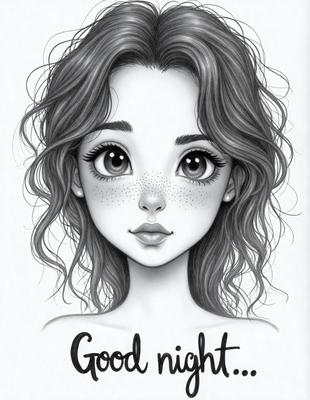 Goodnight, a girl with freckles and big eyes, is the primary subject of the image. The setting is a black and white drawing, giving it a classic and timeless feel. The visual style is a detailed illustration, capturing the girl's features and expressions. The colors and mood are predominantly black and white, creating a sense of calm and tranquility.