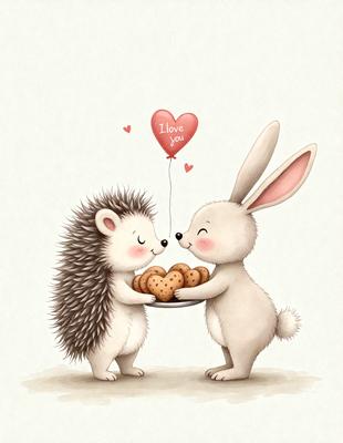 The image features two cute cartoon animals, a hedgehog and a rabbit, standing close to each other. They are holding a plate with cookies on it, and the hedgehog is holding a balloon. The scene is set in a whimsical and playful environment, with the animals appearing to be enjoying their time together. The visual style is a combination of digital art and illustration, creating a charming and delightful atmosphere.