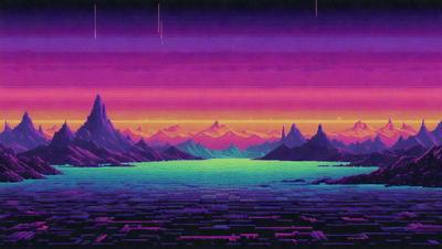 The primary subject of the image is a beautiful landscape featuring a large body of water, mountains, and a sky with a purple hue. The setting is a picturesque scene with a serene atmosphere. The visual style of the image is a combination of digital art and illustration, creating a vibrant and colorful representation of the landscape. The dominant colors in the image are purple, blue, and green, which contribute to the overall mood of the scene.