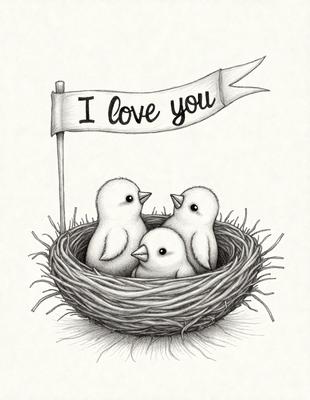 The image features a heart-shaped sign with the words "I love you" written on it. The sign is attached to a pole, and it is placed in a bird's nest. There are three birds in the nest, with one bird sitting on the left side, another bird in the middle, and the third bird on the right side. The scene creates a warm and loving atmosphere, as the heart sign symbolizes affection and the birds in the nest represent a sense of togetherness and nurturing.