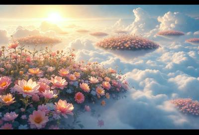 The primary subject of the image is a beautiful and colorful flower garden in a cloudy sky. The setting is a whimsical and imaginative landscape, with the flowers floating in the air and the sky filled with clouds. The visual style of the image is a combination of digital art and illustration, creating a vibrant and lively atmosphere. The dominant colors in the image are pink, yellow, and white, which contribute to the overall mood of the scene.